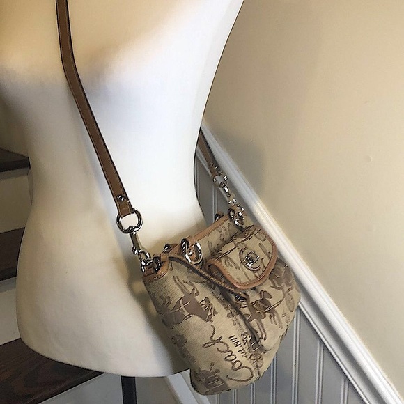COACH Tan Horse Carriage Embroidered Canvas Brown Leather Crossbody Shoulder Bag - Picture 16 of 16